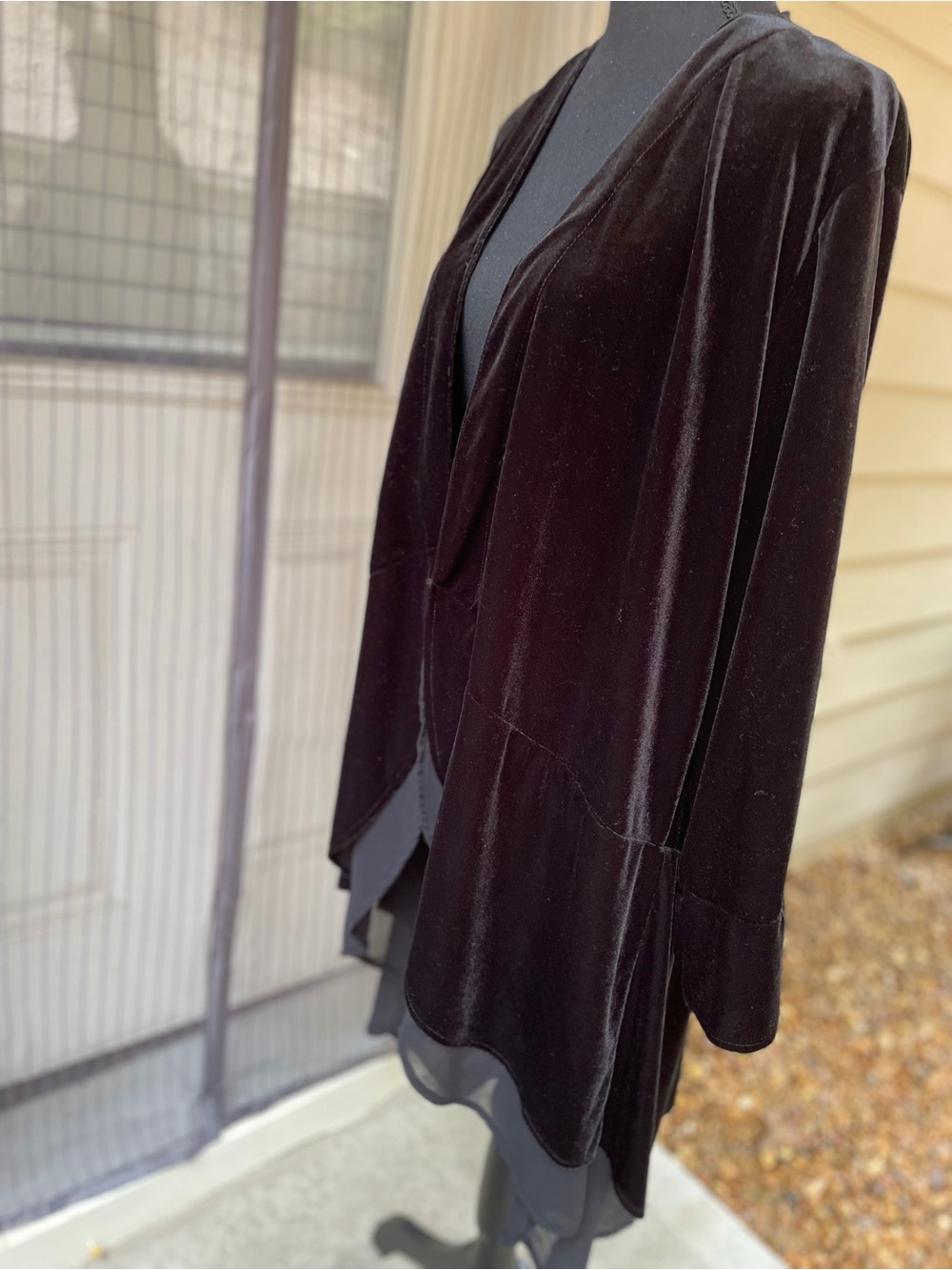 Vivimos Longline Velvet Duster Size XL Black Multi Fabric Boho Witchy Whimsigoth - Picture 7 of 14